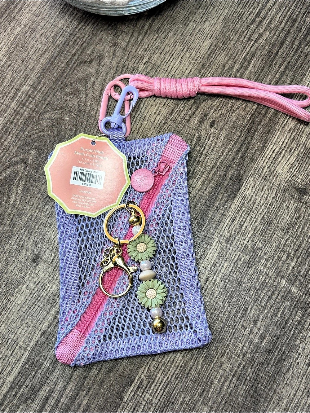 🔥5 for $25🔥 Pink Cabana Purple/Pink Mesh Coin Pouch with Handmade Keychain
